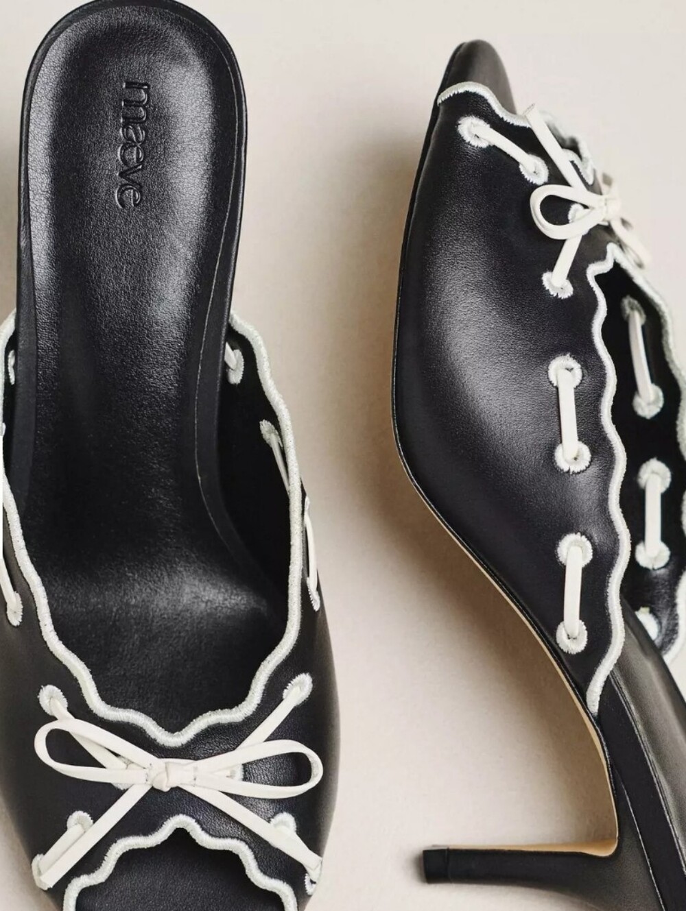 Mauve Black Open-Toe Mules with White Trim and Bow Anthropologie - Picture 2 of 3